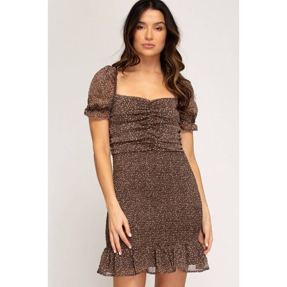 She + Sky Size Medium Ruched Puff Sleeve Mini Dress New Brown Smoked Skirt Anima - Picture 1 of 8